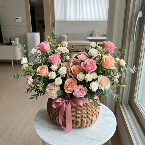 Flower basket of pink and peach roses