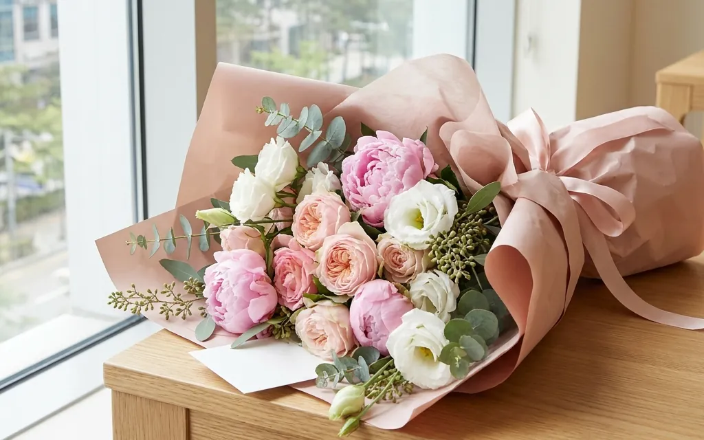 Pink peony and rose bouquet by a window in Seoul
